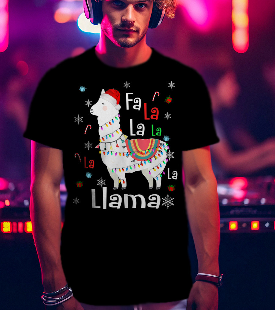 Fa La La Llama Llama Christmas Lights And Santa Hat With Candy Canes Snowflakes And Presents T-Shirt