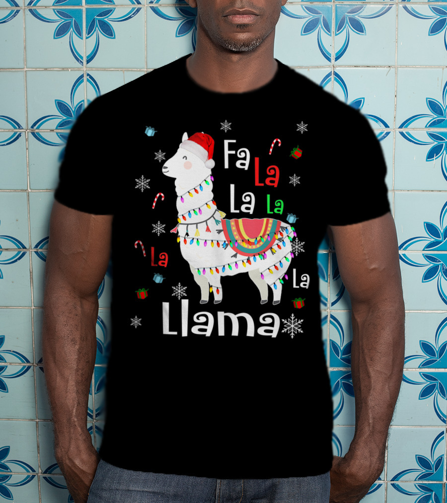 Fa La La Llama Llama Christmas Lights And Santa Hat With Candy Canes Snowflakes And Presents T-Shirt