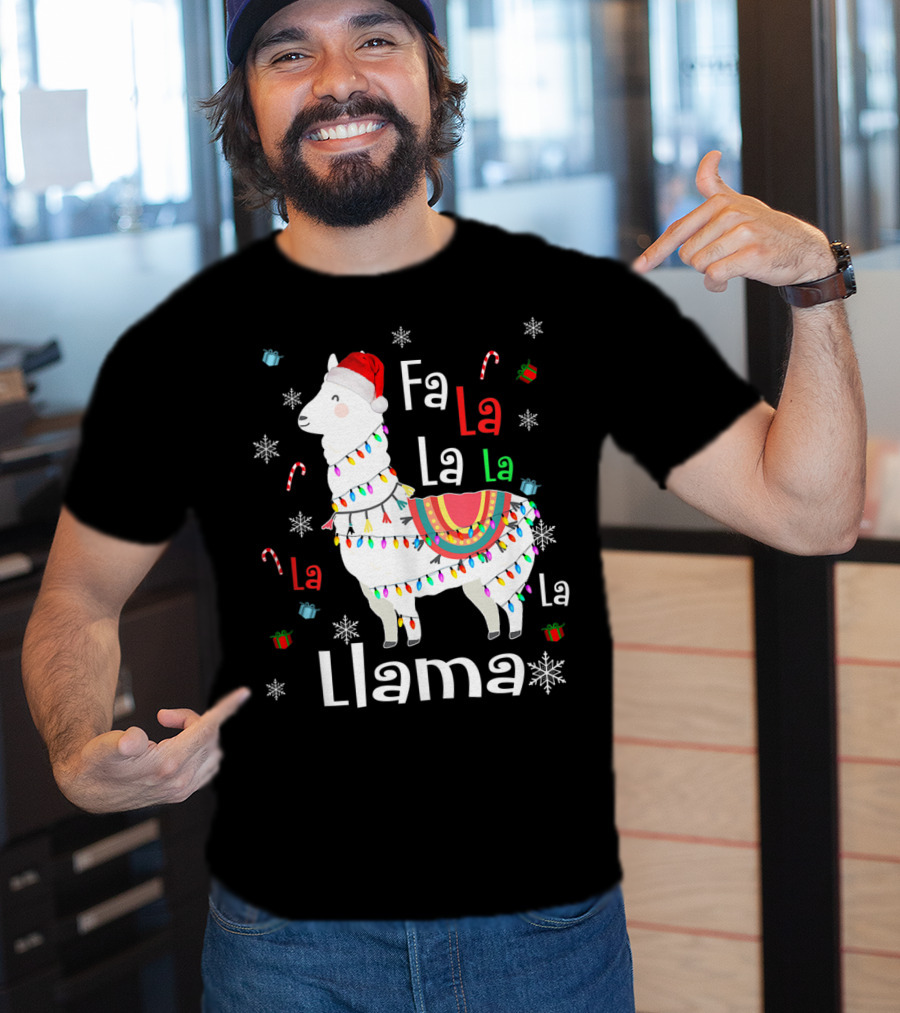 Fa La La Llama Llama Christmas Lights And Santa Hat With Candy Canes Snowflakes And Presents T-Shirt