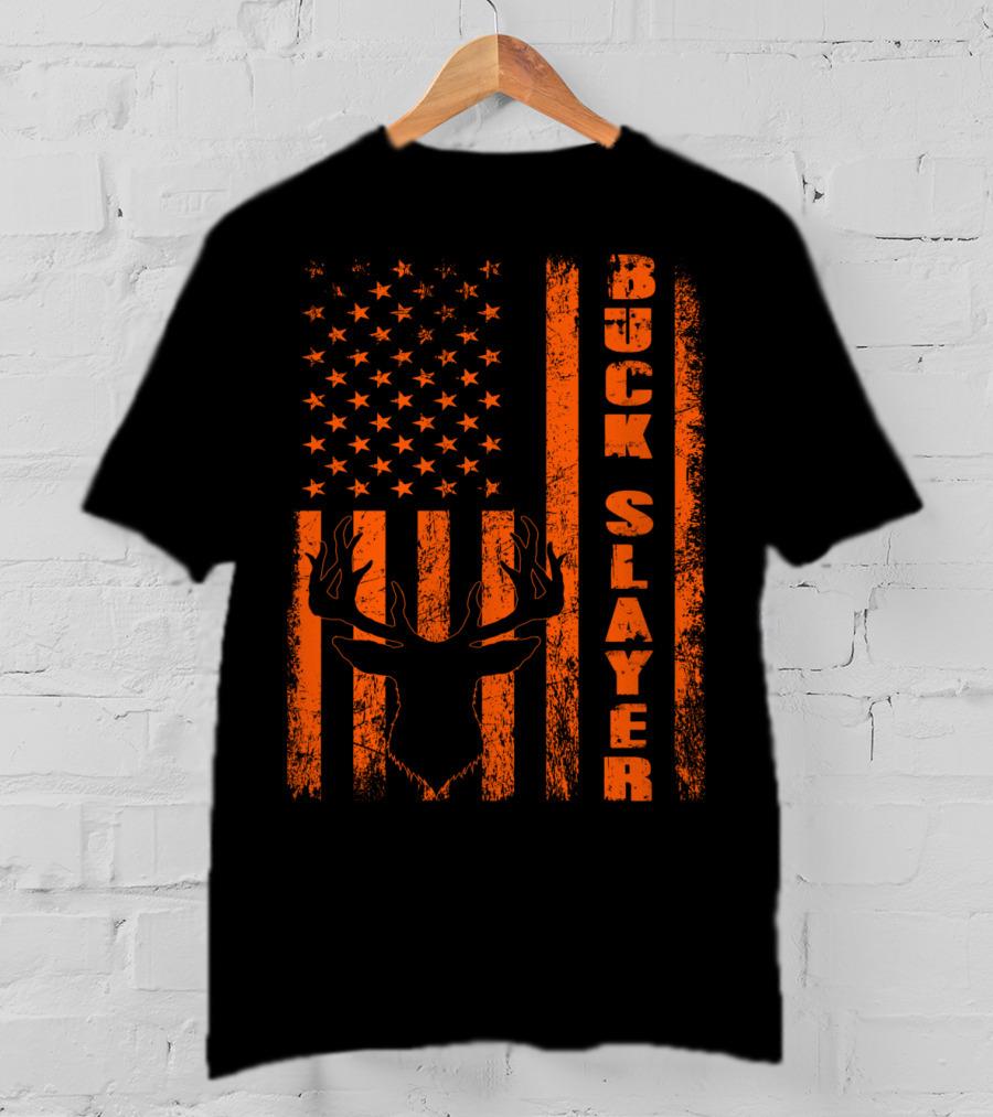 Buck Slayer Blaze Orange Deer American Flag T-Shirt