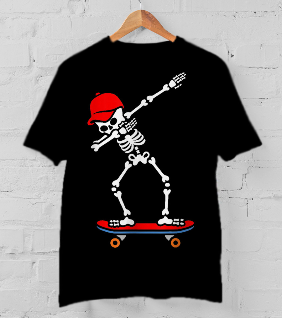 Dabbing Skeleton In Red Cap On Skateboard T-Shirt