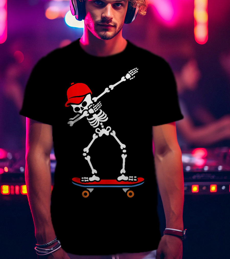 Dabbing Skeleton In Red Cap On Skateboard T-Shirt