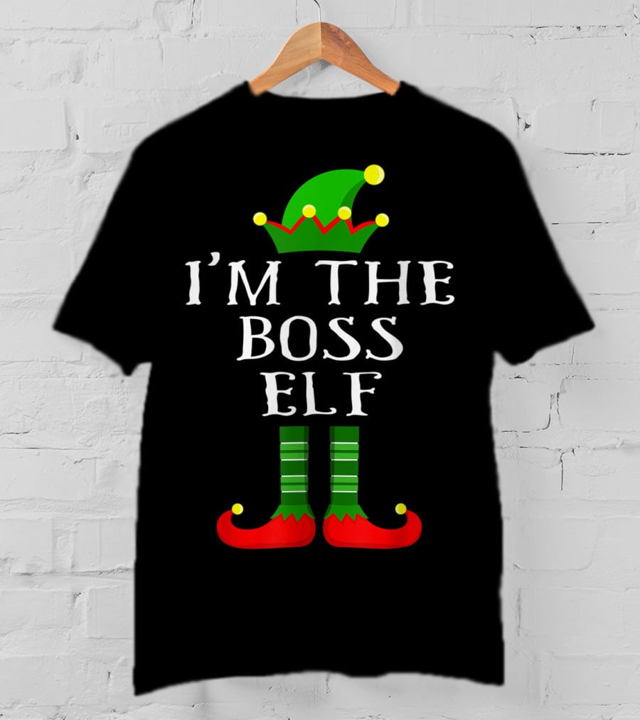 I'm The Boss Elf Christmas Humor Green Hat Striped Socks Red Shoes T-Shirt