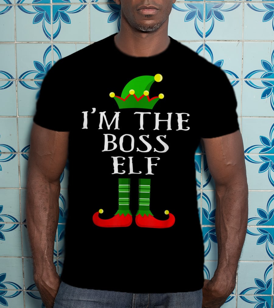 I'm The Boss Elf Christmas Humor Green Hat Striped Socks Red Shoes T-Shirt