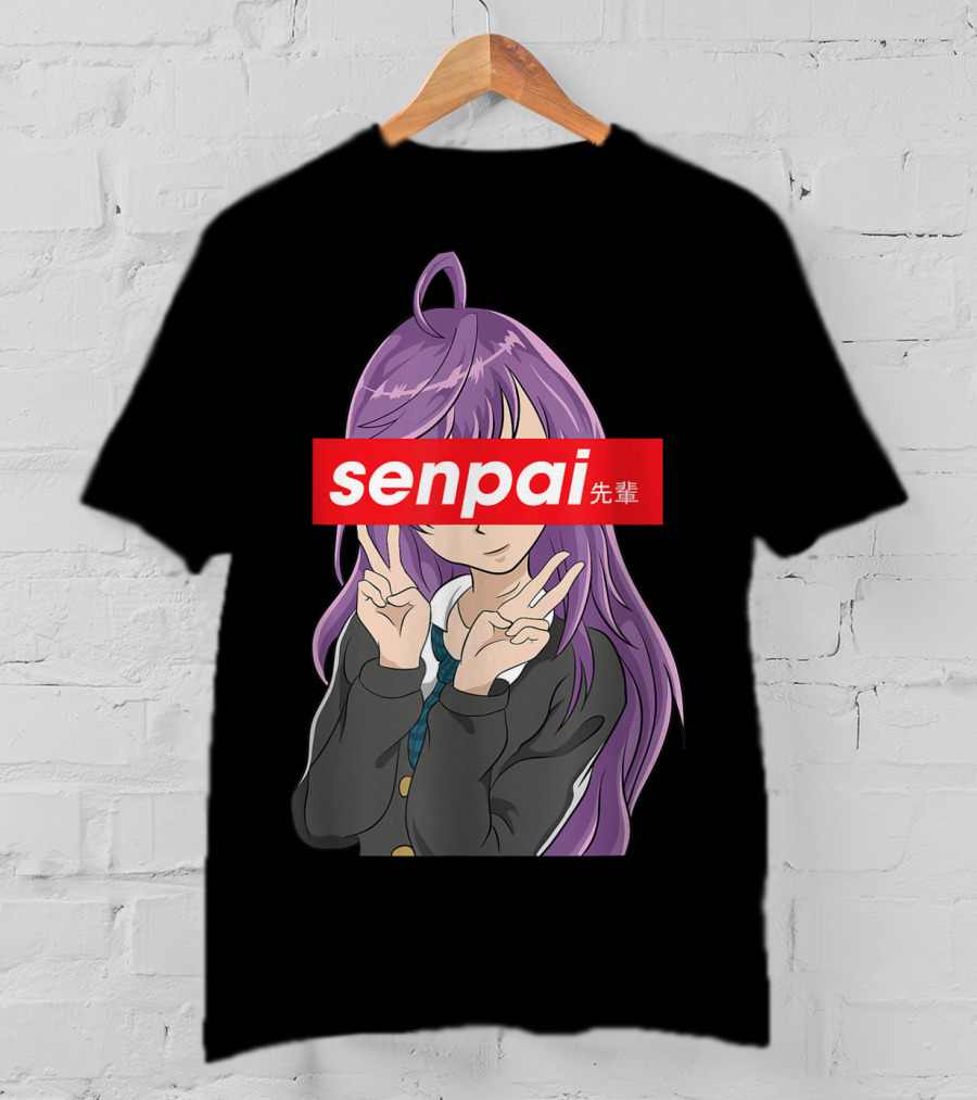 Japanese Anime Girl Senpai Purple Hair Peace Sign T-Shirt