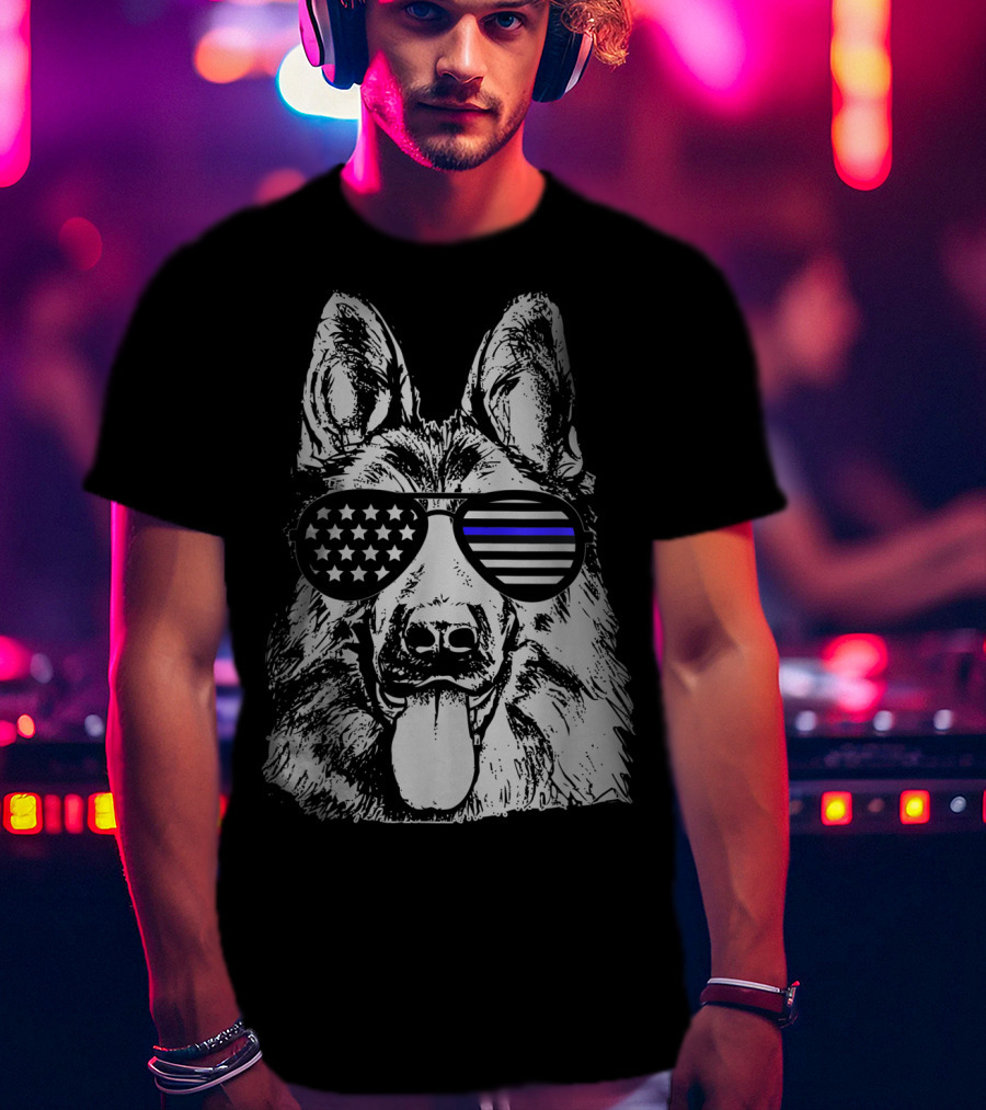 K9 Police Officer Dog Thin Blue Line Stars And Stripes Sunglasses T-Shirt
