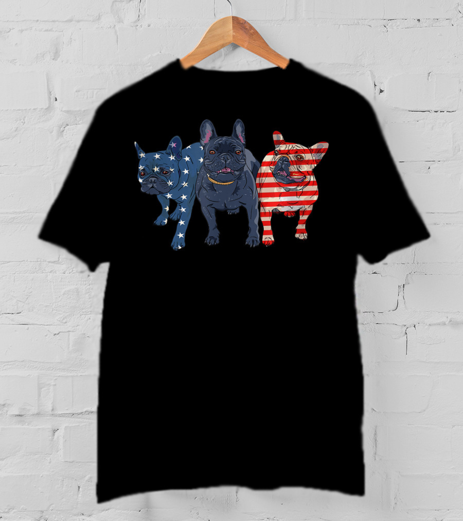 3 Frenchie Bulldog American Flag Stars Stripes July Patriot T-Shirt