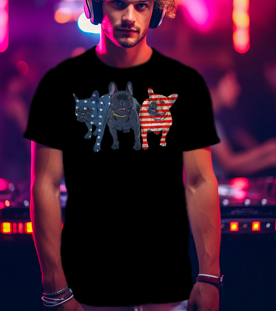 3 Frenchie Bulldog American Flag Stars Stripes July Patriot T-Shirt