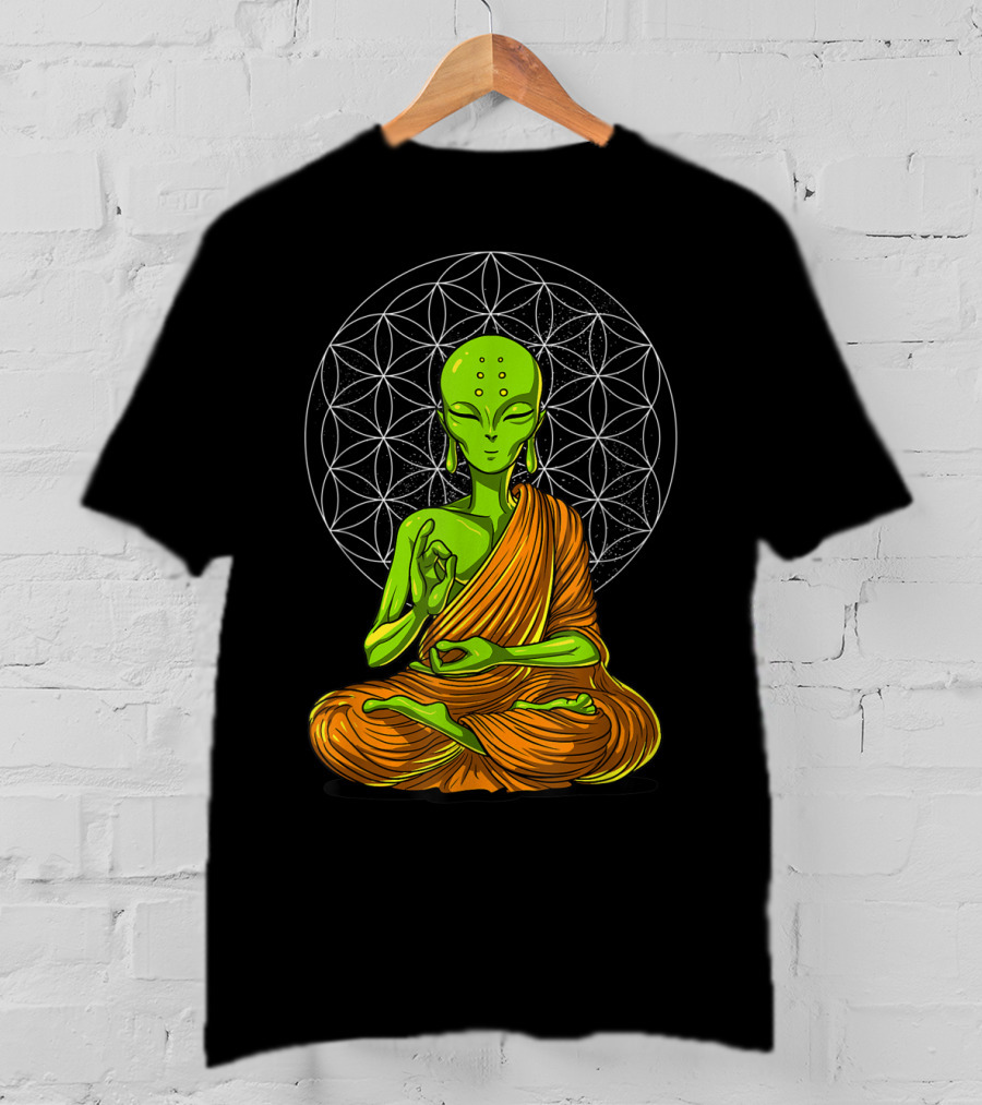 Alien Yoga Meditation Zen Namaste Buddha With Mandala Background T-Shirt