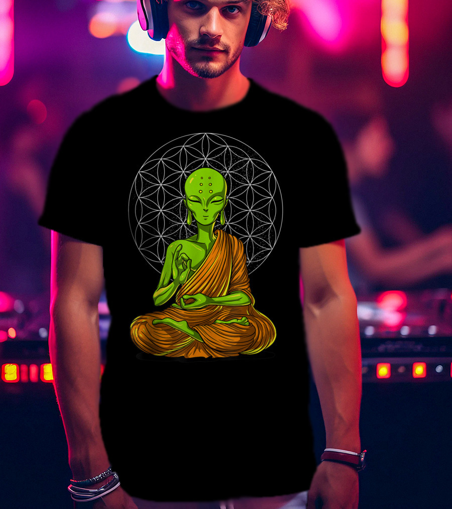 Alien Yoga Meditation Zen Namaste Buddha With Mandala Background T-Shirt