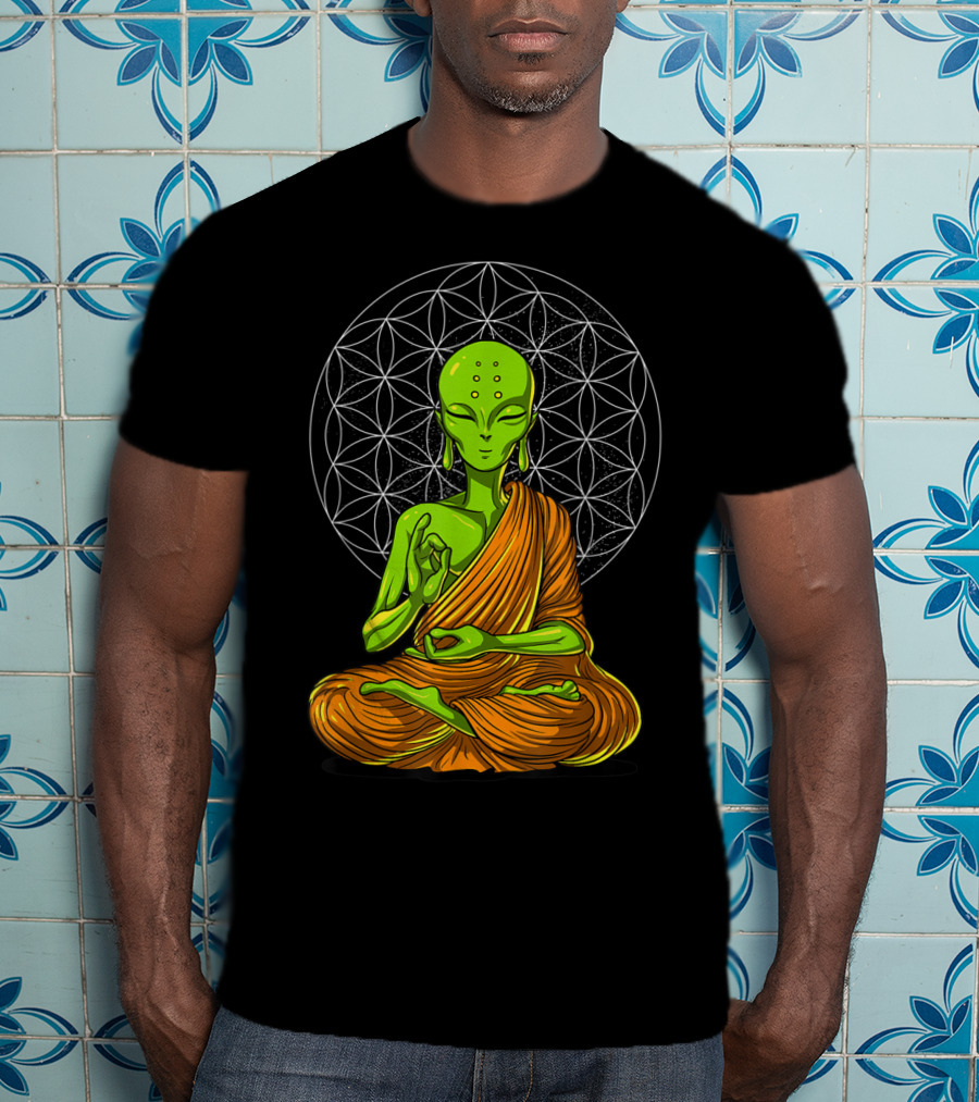 Alien Yoga Meditation Zen Namaste Buddha With Mandala Background T-Shirt