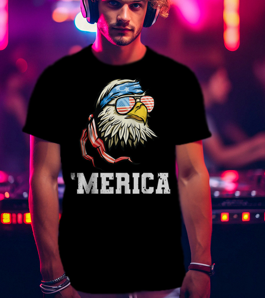 'Merica Bald Eagle USA Flag Bandana And Sunglasses T-Shirt