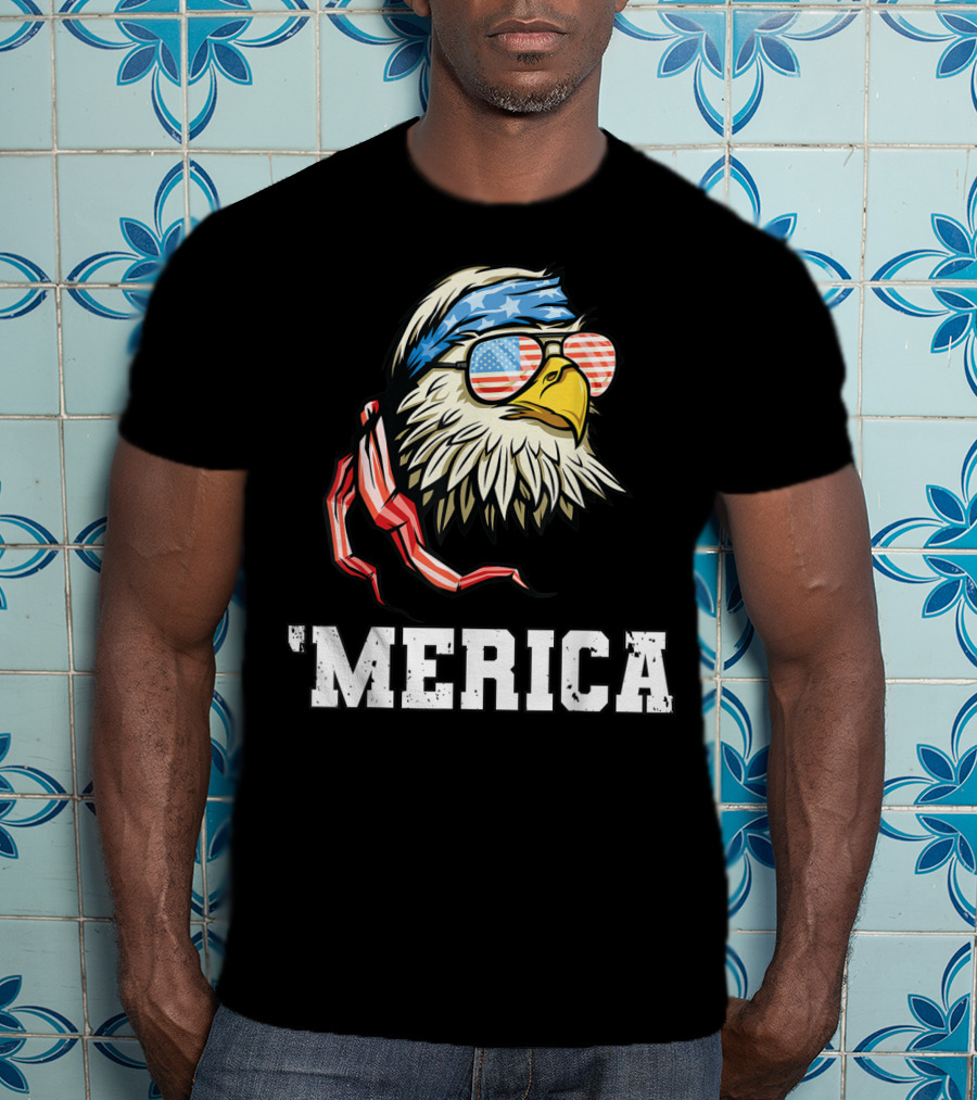 'Merica Bald Eagle USA Flag Bandana And Sunglasses T-Shirt
