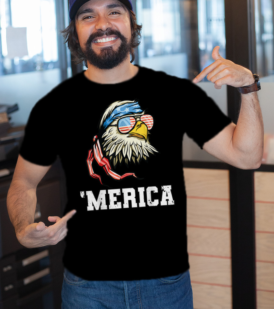 'Merica Bald Eagle USA Flag Bandana And Sunglasses T-Shirt