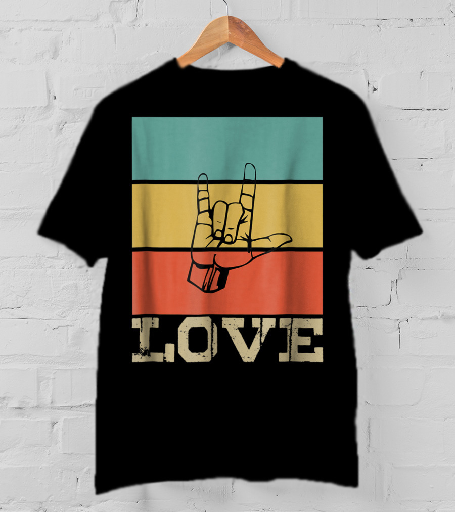 ASL Love Vintage Hand Sign Retro Color Blocks T-Shirt