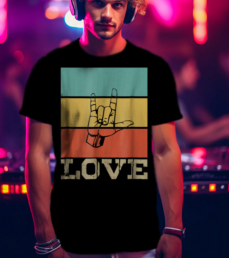 ASL Love Vintage Hand Sign Retro Color Blocks T-Shirt