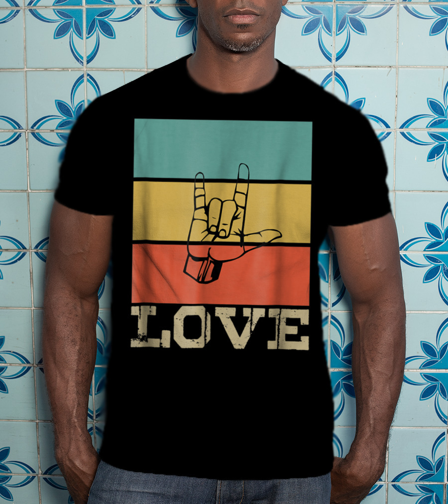 ASL Love Vintage Hand Sign Retro Color Blocks T-Shirt