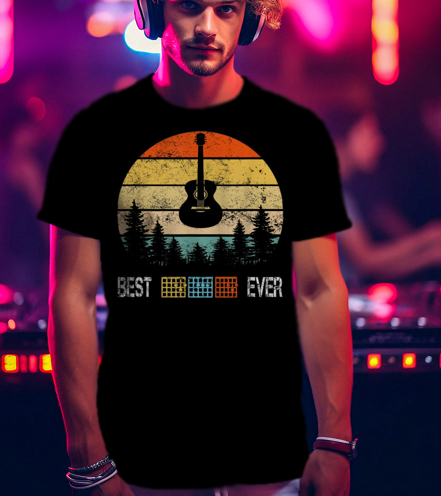 Best Guitar Chords Dad Ever Retro Sunset Forest T-Shirt