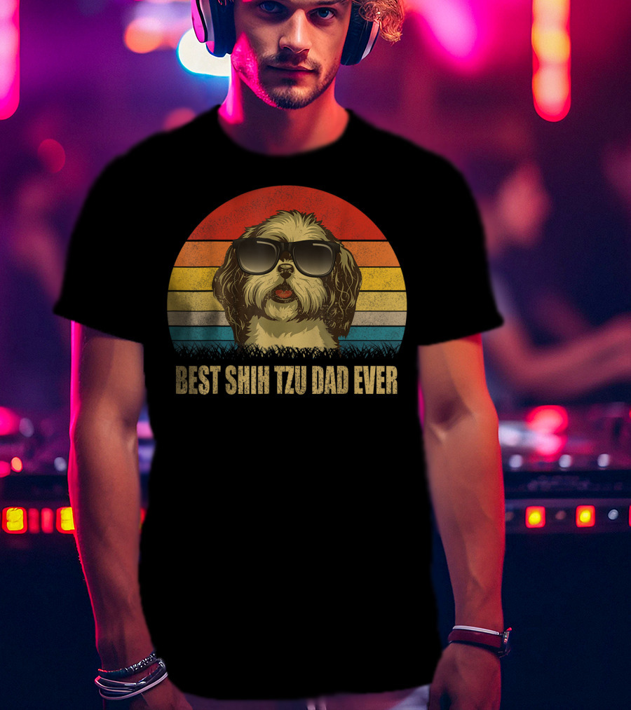 Best Shih Tzu Dad Ever Retro Sunset Sunglasses Dog T-Shirt