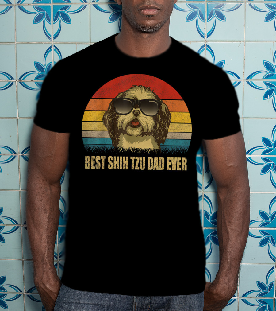 Best Shih Tzu Dad Ever Retro Sunset Sunglasses Dog T-Shirt