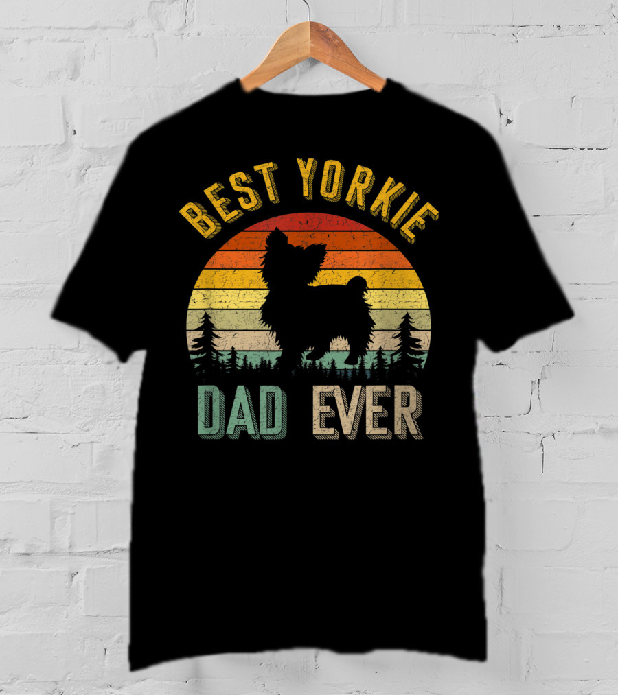 Best Yorkie Dad Ever Vintage 70s Retro Sunset Silhouette Pines T-Shirt