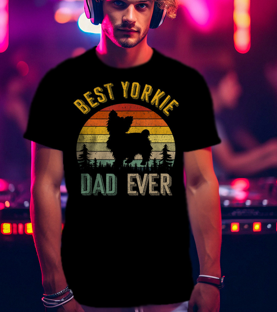 Best Yorkie Dad Ever Vintage 70s Retro Sunset Silhouette Pines T-Shirt