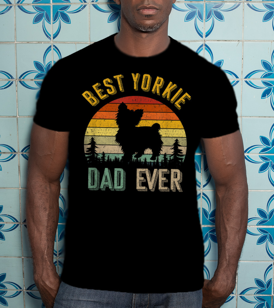 Best Yorkie Dad Ever Vintage 70s Retro Sunset Silhouette Pines T-Shirt