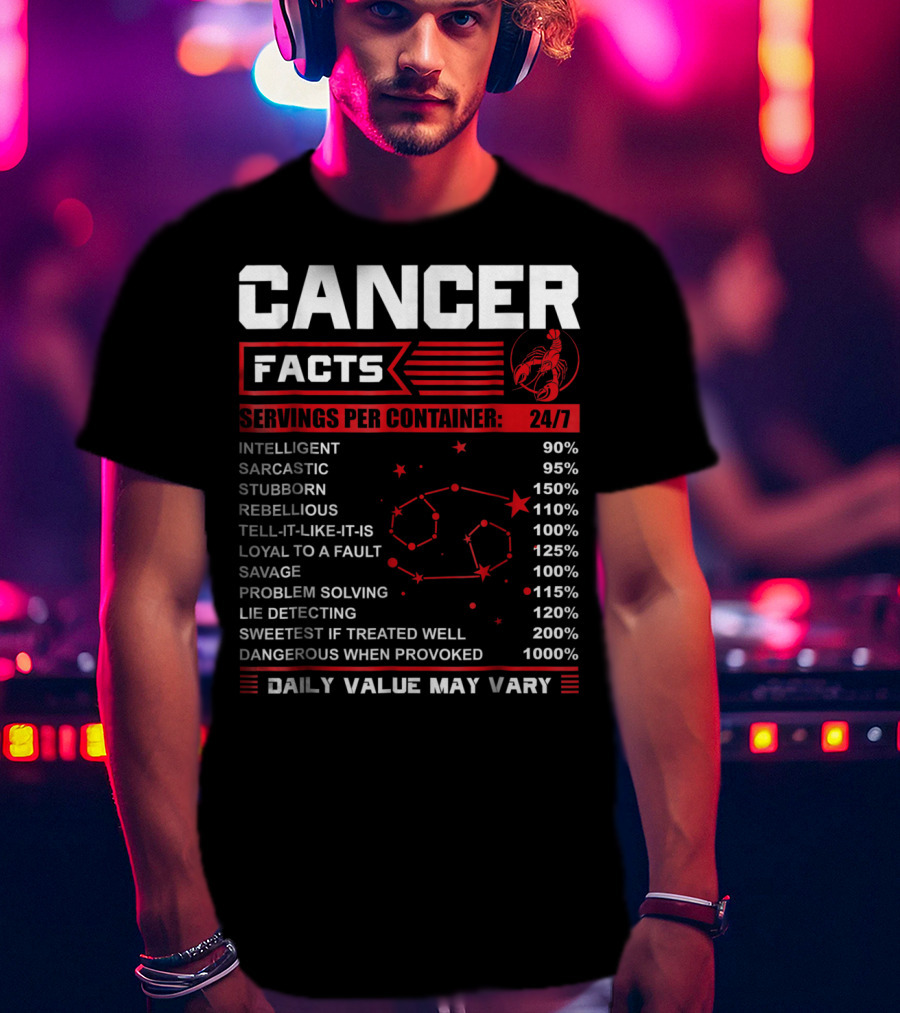Cancer Facts Horoscope Zodiac Traits Funny Birthday Mock Nutritional Label T-Shirt