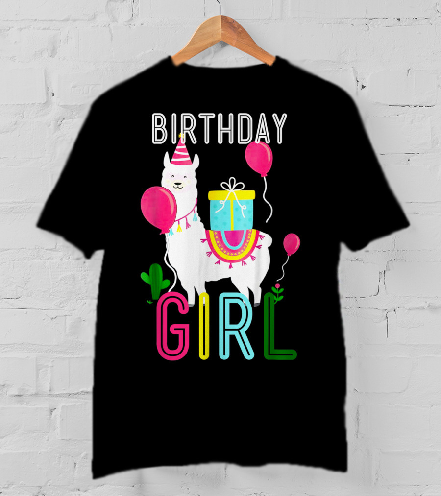 Birthday Girl Llama Cool Cute Alpaca With Balloons And Present T-Shirt
