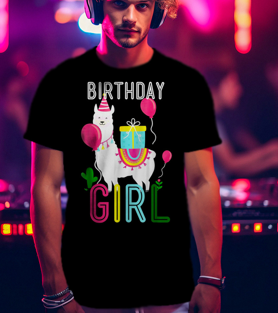 Birthday Girl Llama Cool Cute Alpaca With Balloons And Present T-Shirt