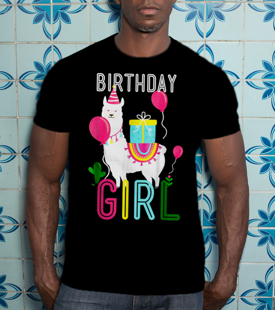 Birthday Girl Llama Cool Cute Alpaca With Balloons And Present T-Shirt