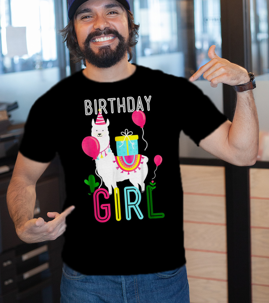 Birthday Girl Llama Cool Cute Alpaca With Balloons And Present T-Shirt