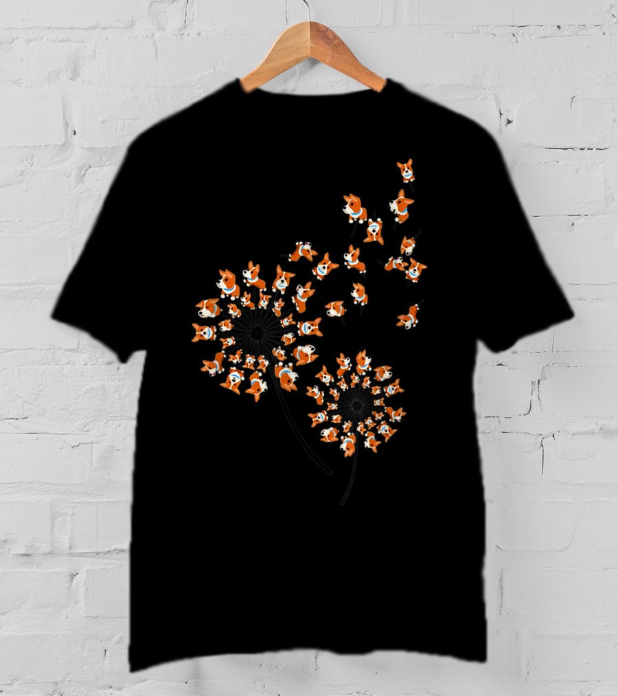 Corgi Dandelion Flower Pattern Multiple Corgis T-Shirt