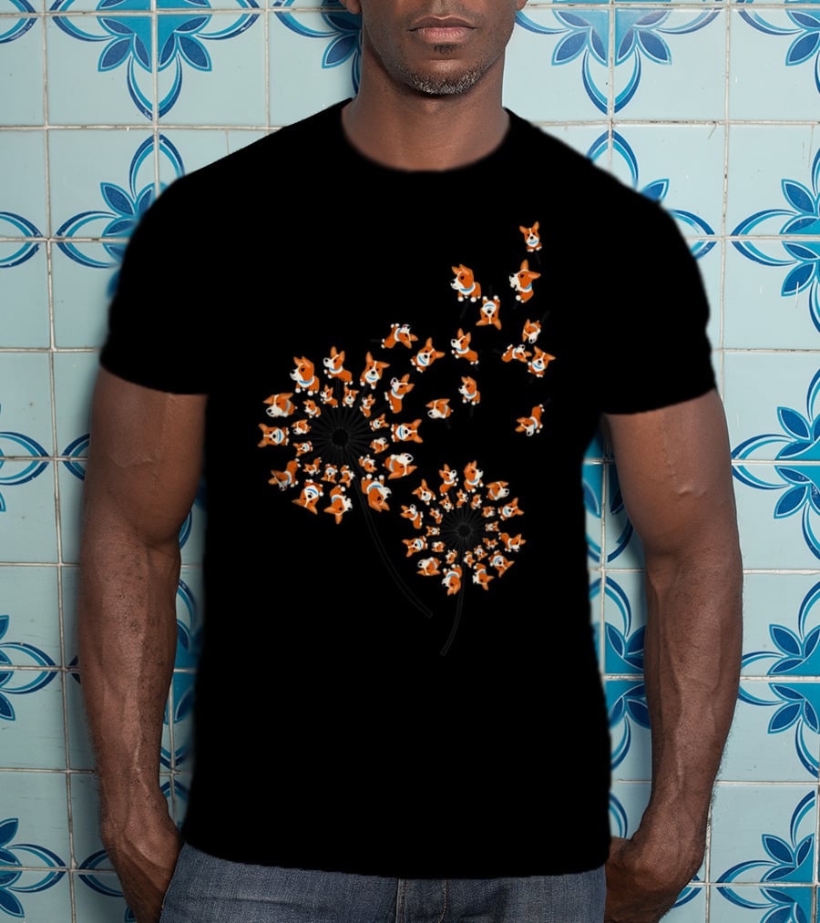 Corgi Dandelion Flower Pattern Multiple Corgis T-Shirt