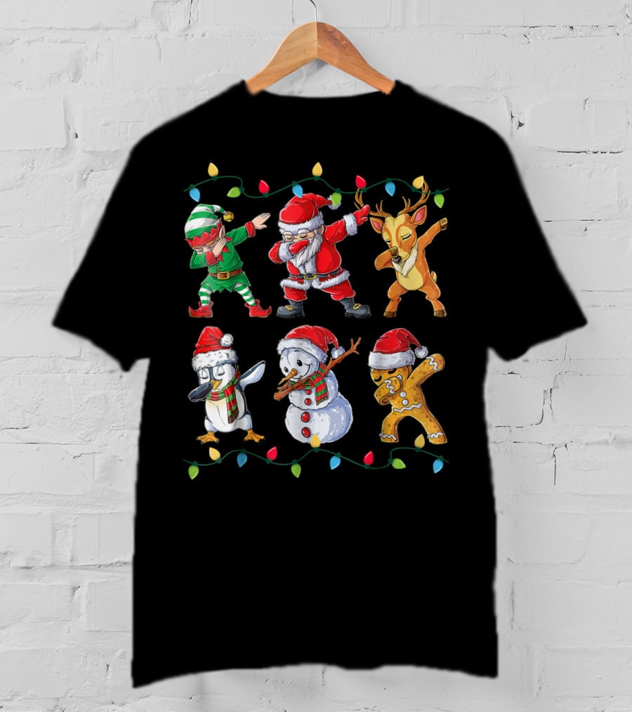 Dabbing Santa Elf Reindeer Penguin Snowman Gingerbread Christmas Lights T-Shirt
