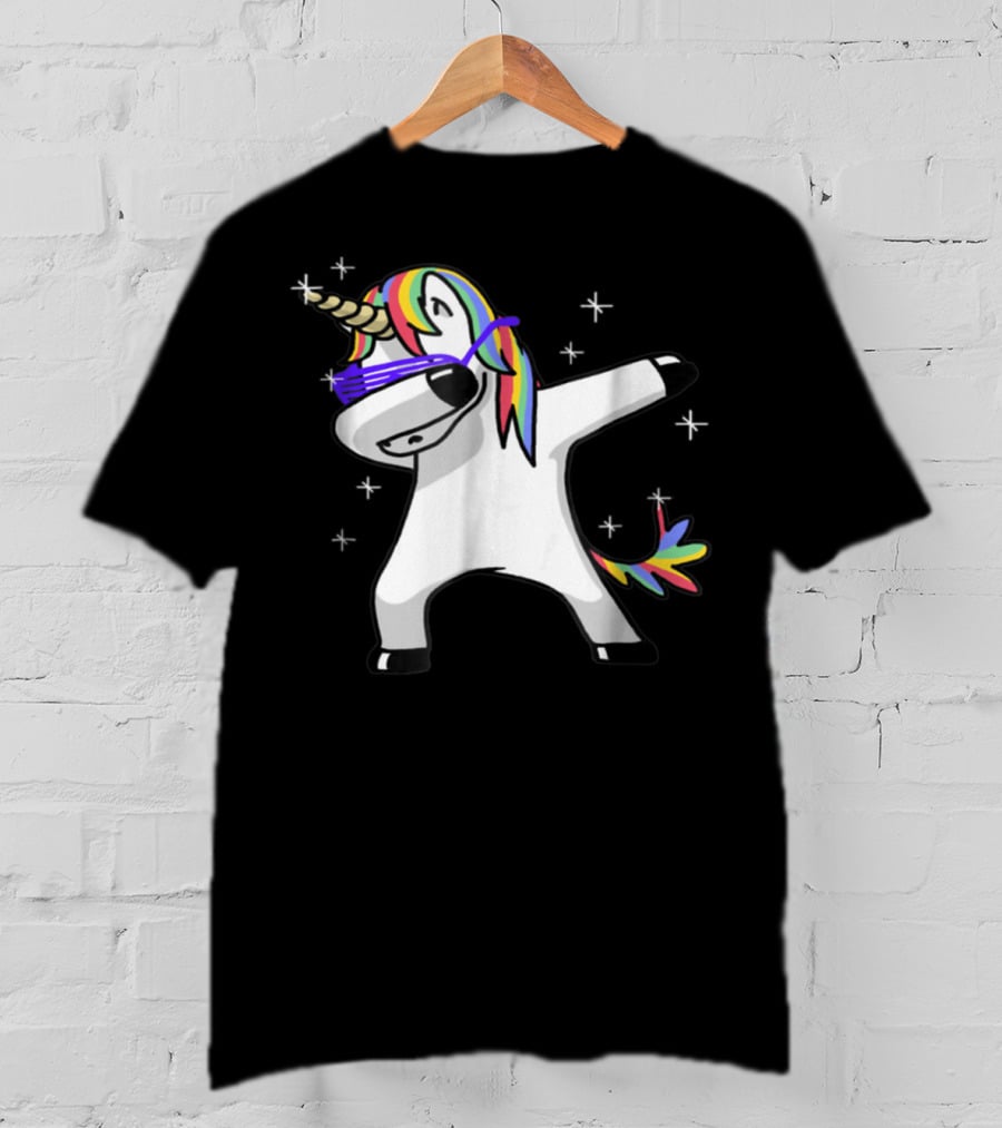 Rainbow Dabbing Unicorn With Sunglasses And Stars T-Shirt