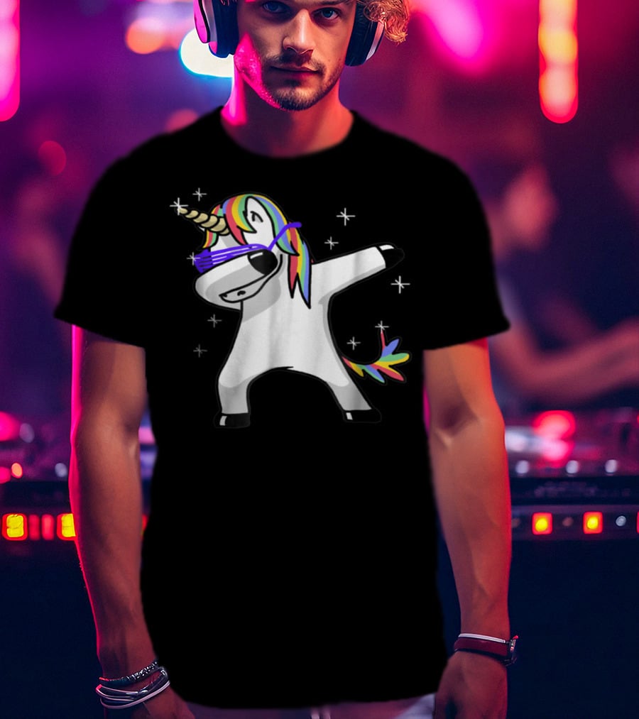 Rainbow Dabbing Unicorn With Sunglasses And Stars T-Shirt