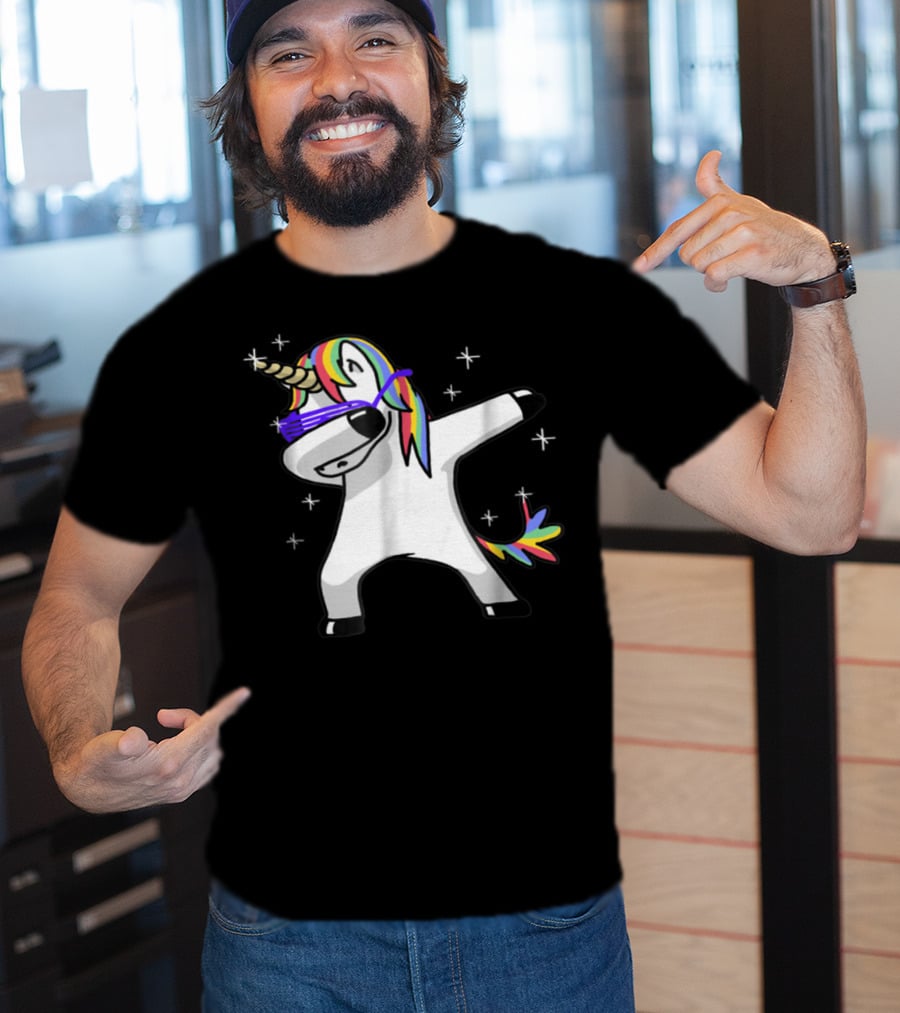 Rainbow Dabbing Unicorn With Sunglasses And Stars T-Shirt