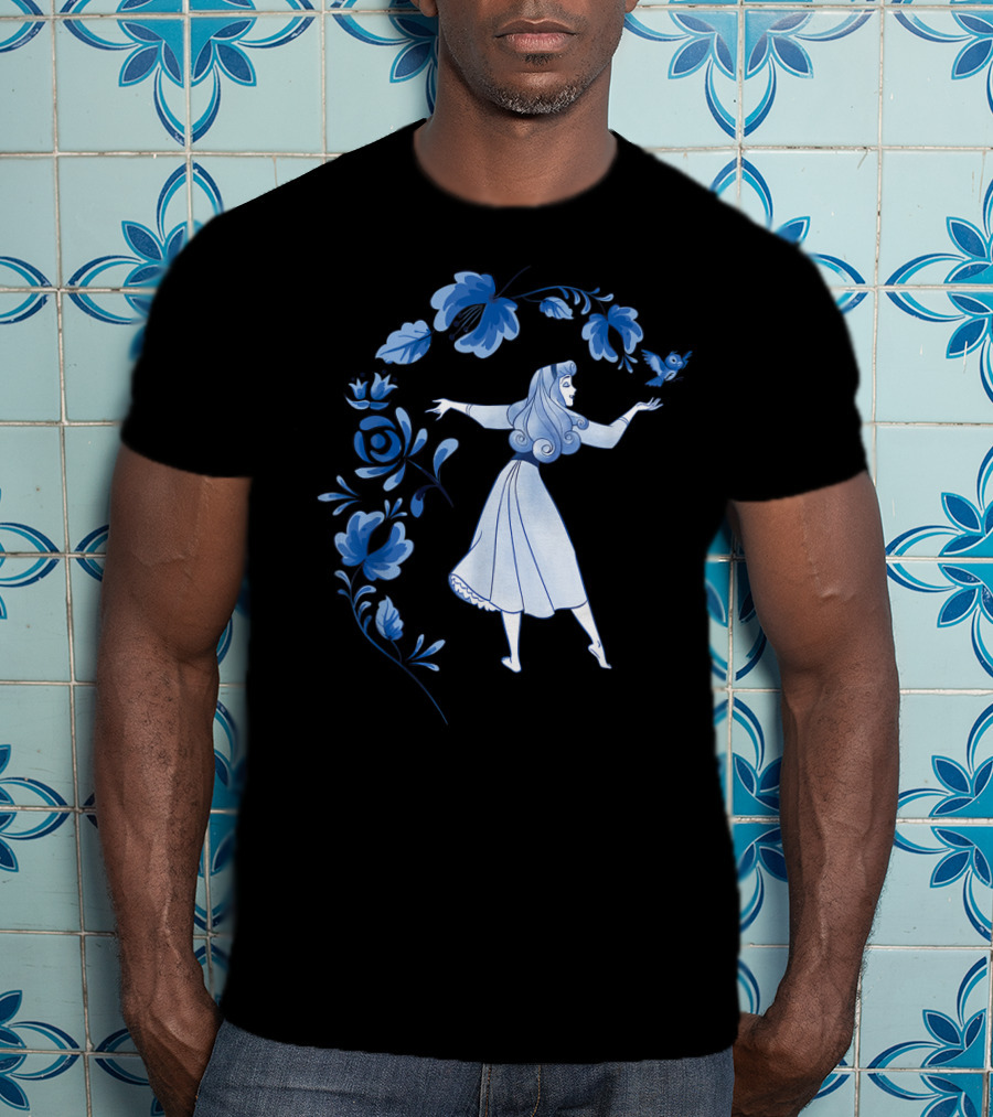 Disney Sleeping Beauty Princess Aurora With Blue Flowers And Bird T-Shirt