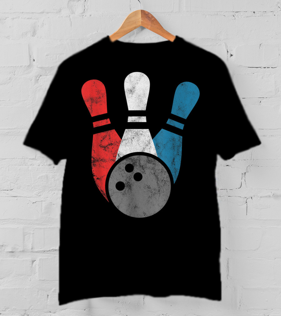 Distressed Red White Blue Bowling Pins With Bowling Ball T-Shirt