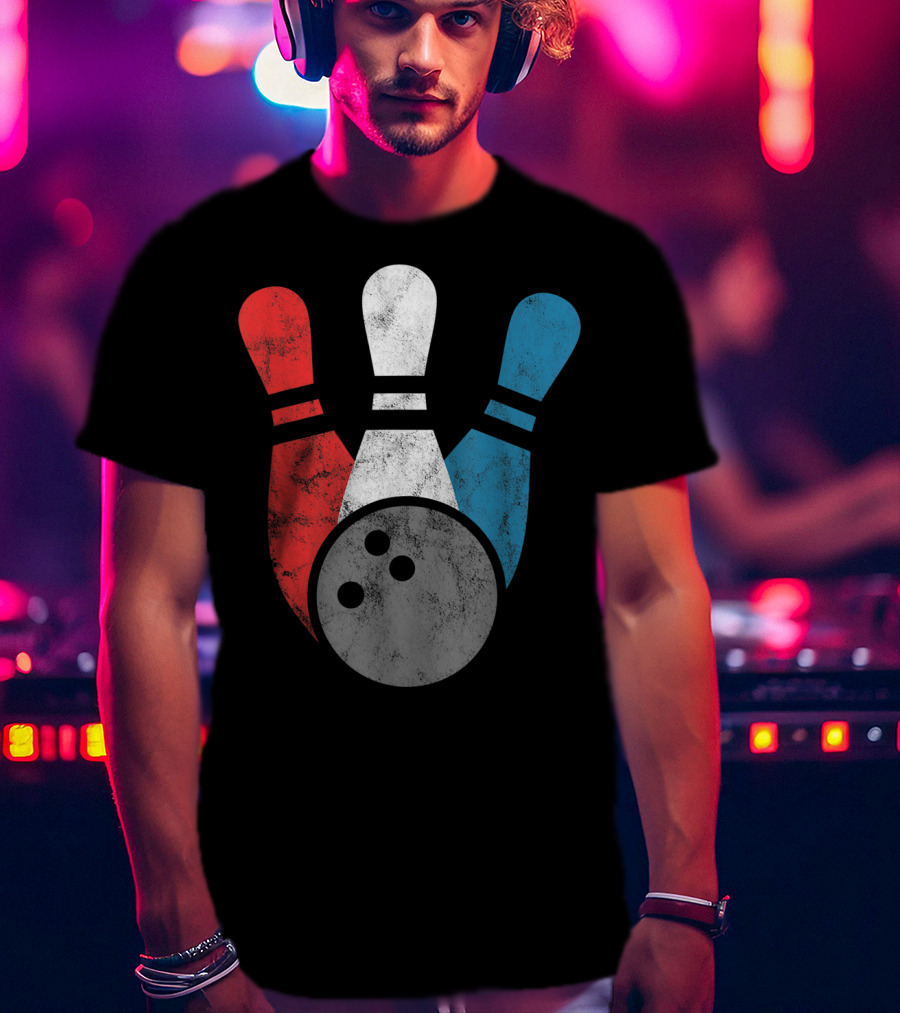 Distressed Red White Blue Bowling Pins With Bowling Ball T-Shirt