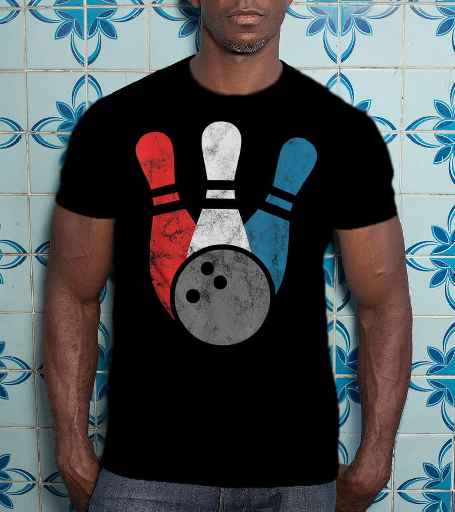 Distressed Red White Blue Bowling Pins With Bowling Ball T-Shirt