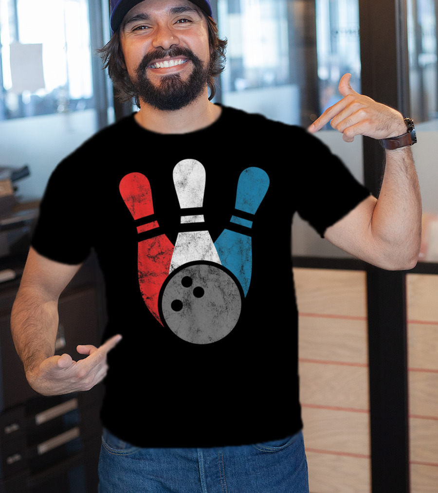 Distressed Red White Blue Bowling Pins With Bowling Ball T-Shirt