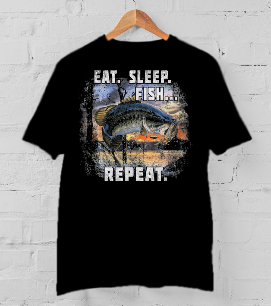 Eat Sleep Fish Repeat Bass Fishing Adventure Lake Sunrise T-Shirt