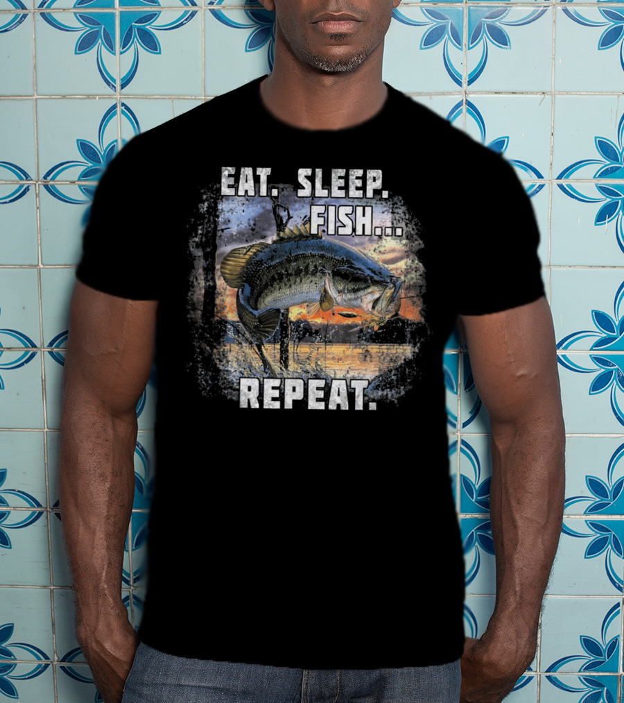 Eat Sleep Fish Repeat Bass Fishing Adventure Lake Sunrise T-Shirt