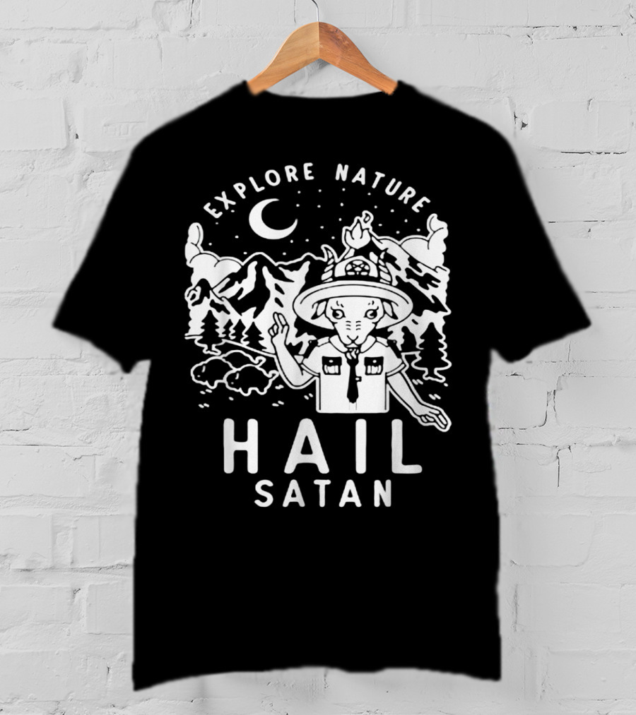 Explore Nature Hail Satan Baphomet Scout IN Mountain Landscape With Night Sky T-Shirt