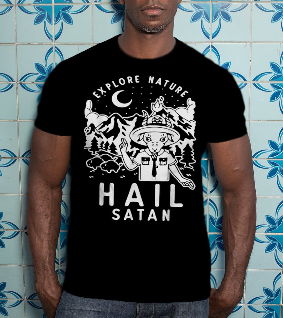 Explore Nature Hail Satan Baphomet Scout IN Mountain Landscape With Night Sky T-Shirt