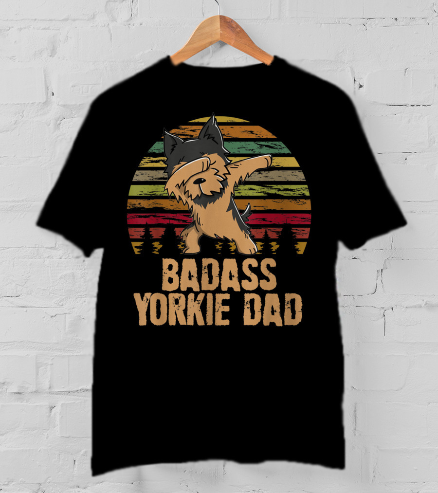Badass Yorkie Dad Dabbing Vintage Sunset T-Shirt