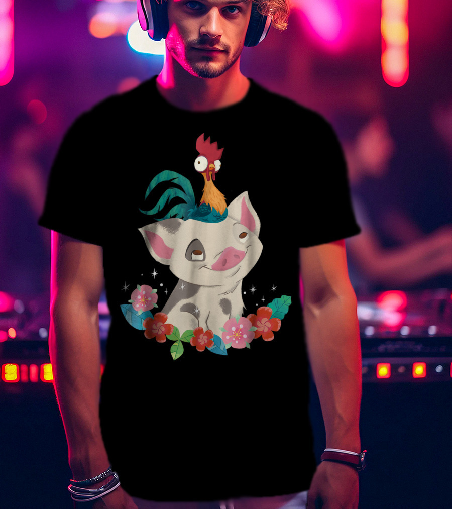 Disney Moana HeiHei And Pua With Colorful Flowers T-Shirt