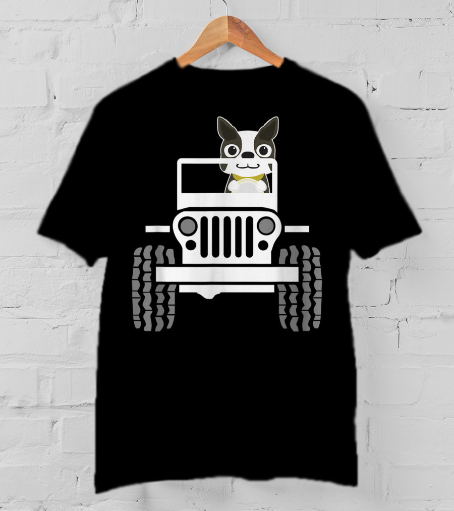 Funny Boston Terrier Dog In Jeep Dad T-Shirt